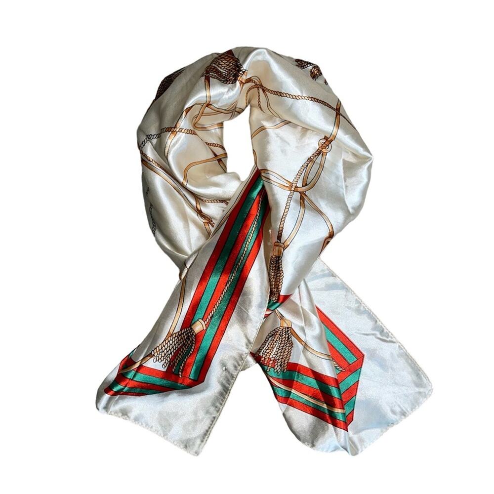 Red Green Cream Gold Tassel Print Scarf Women’s Size 36x36 in